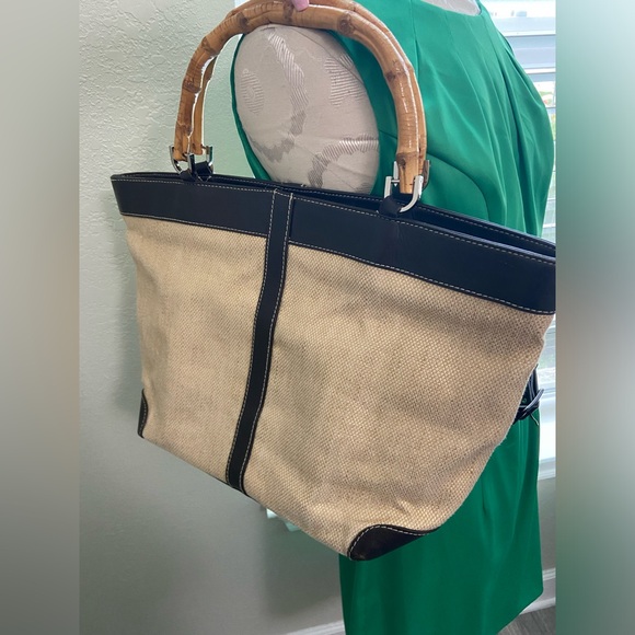 Kate Landry Woven Mettalic Straw Tote Leather Trim & Dual Bamboo Handles Bag - Picture 7 of 12